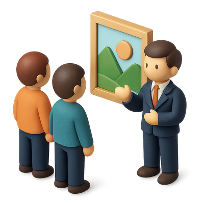 3D Icon of Art Dealer Presenting Artwork to Clients