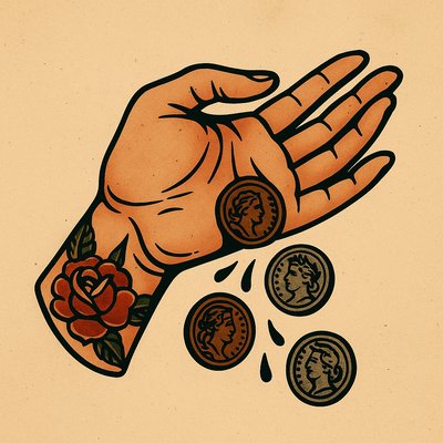 Colorful Tattoo Design of Hand Releasing Coins