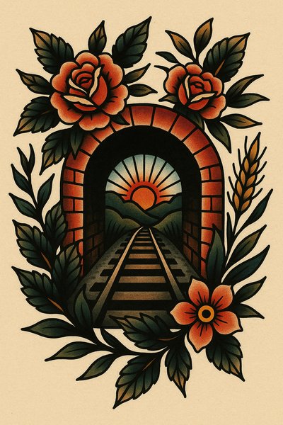 Colorful Tattoo Design of a Tunnel with Roses and Sunset