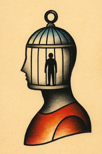 Silhouette of a Head with a Cage Design Tattoo