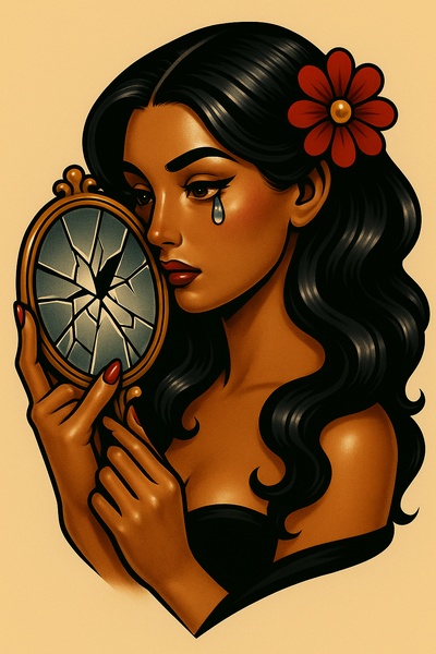 Stylized Girl Holding a Broken Mirror with Dramatic Expression