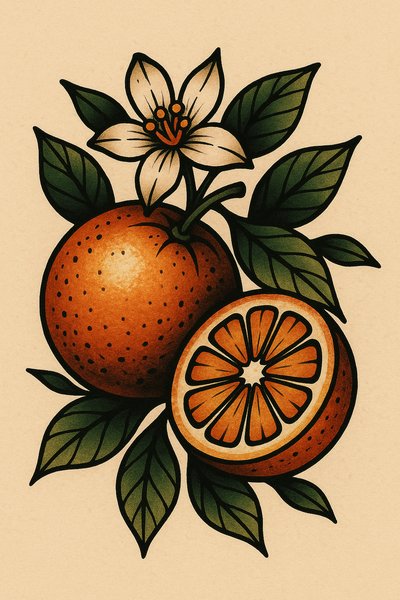 Stylized Illustration of Oranges with Leaves and Flower
