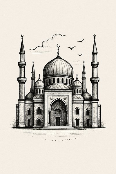 Detailed architectural illustration of a grand mosque