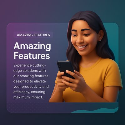Smiling Latin American Woman Using Smartphone with Features Block