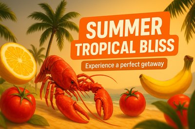 Vibrant Tropical Summer Illustration with Fruits and Lobster