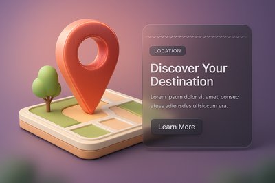 3D Visual Structure with Location Pin and Text Overlay