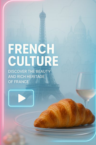 Promotional Graphic for French Culture Featuring Croissant and Eiffel Tower