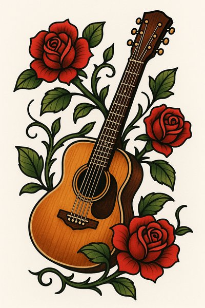 Tattoo Design Featuring Guitar and Roses