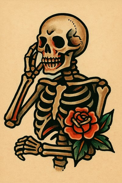 Colorful Skeleton with Rose in Retro Style