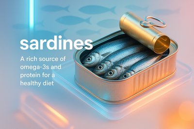 3D Render of Sardines in a Can with Health Benefits Highlighted