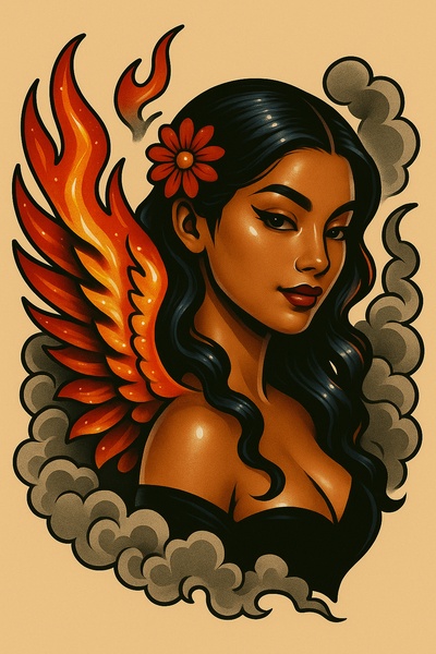 Girl with Fiery Wings in Artistic Tattoo Style