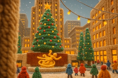 Whimsical Rockefeller Center Scene in 3D Yarn Art