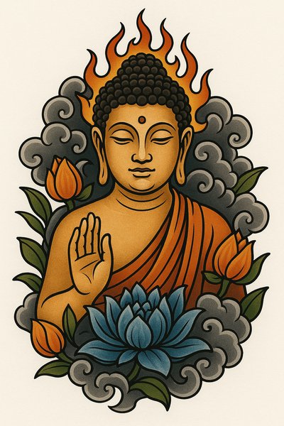 Illustration of Buddha Surrounded by Flames and Lotus Flowers