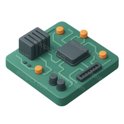 Stylized 3D Motherboard Icon with Circuits and Components