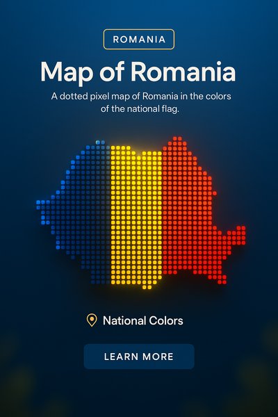 Dotted Pixel Map of Romania in National Flag Colors