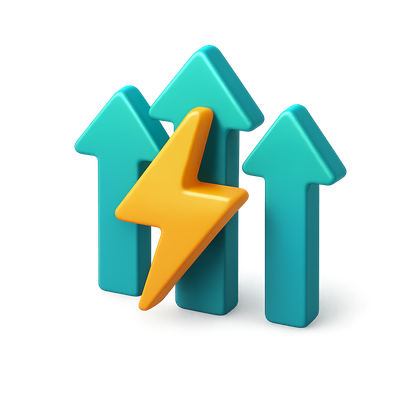 Stylized 3D Growth Icon with Lightning and Arrows