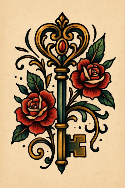 Colorful vintage key illustration with roses