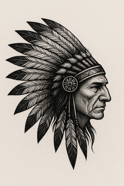 Detailed Illustration of a Native American Chief with Feathered Headdress