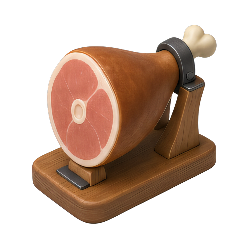 cured ham on wooden stand