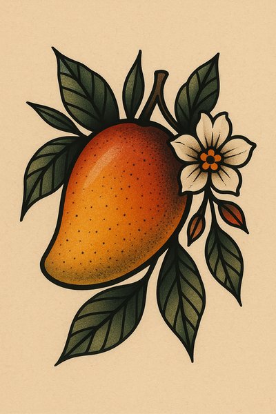 Artistic illustration of a mango with leaves and flower