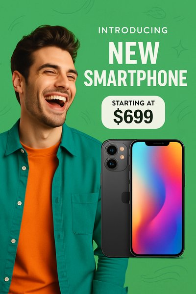 Dynamic Advertisement Featuring a Laughing Man and Smartphone