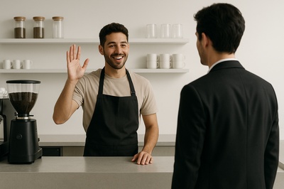 Barista Welcoming a New Customer in a Modern Cafe