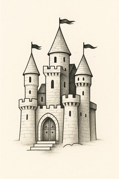 Detailed illustration of a medieval castle with flags