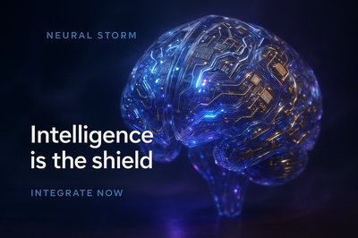 Hyperrealistic Neural Storm Scene with Glowing Intelligence Shield