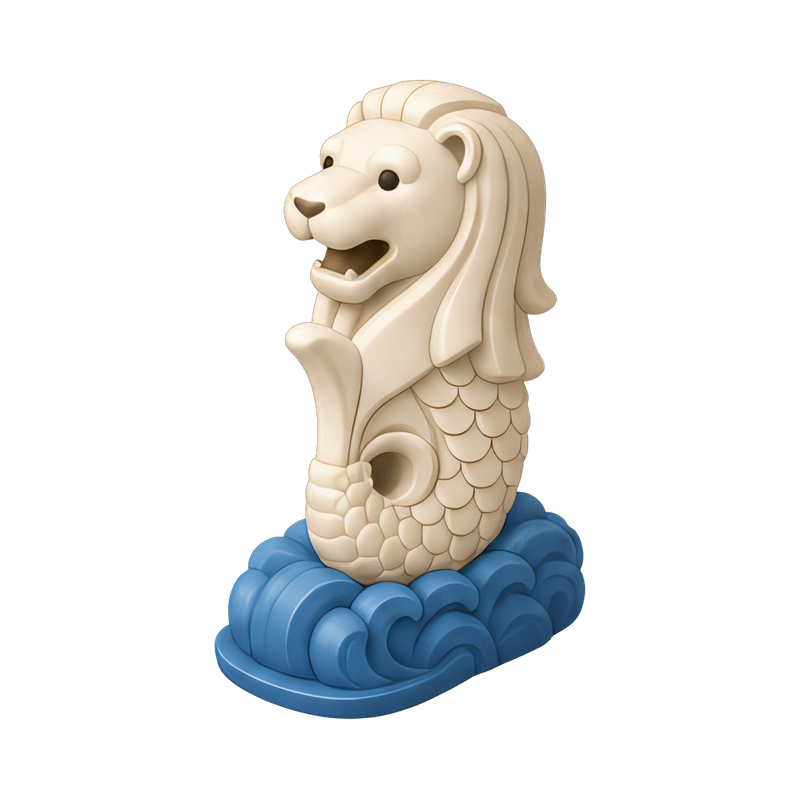 Small merlion statue in cityscape