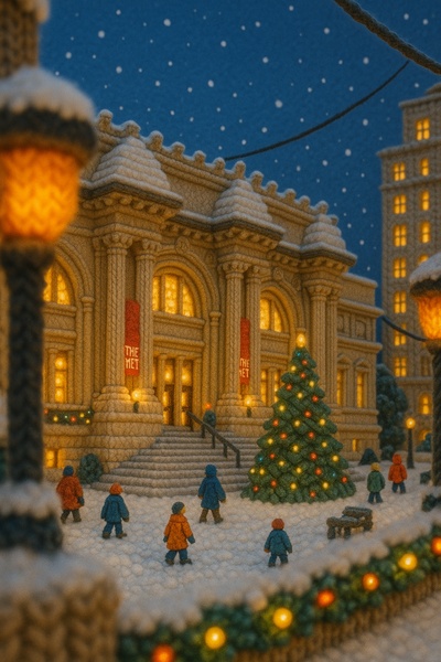 Whimsical Yarn Scene of the Metropolitan Museum at Christmas