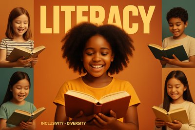 Diverse Kids Embracing Literacy in Bold Colorful Design