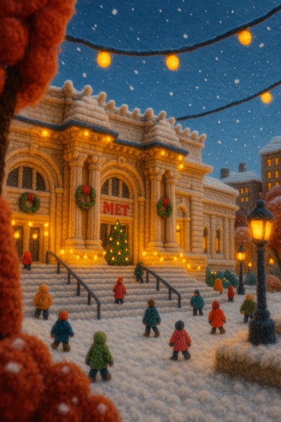 Whimsical Yarn Museum Scene with Holiday Cheer