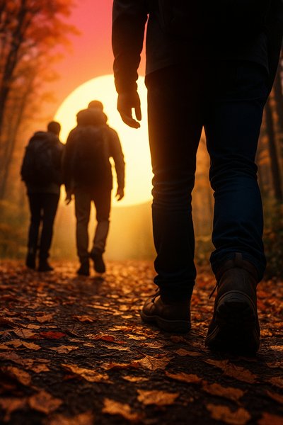 Autumn Pathway Tourists Walking in Forest