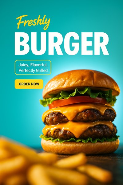 Realistic Burger Display with Juicy Layers and Engaging Text