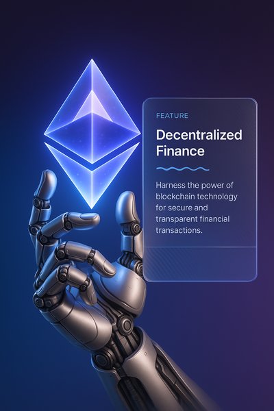 Robotic Hand Holding Glowing Ethereum Crystal with Feature Block