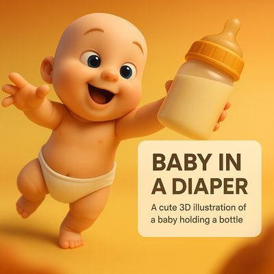 3D Illustration of a Joyful Baby Holding a Bottle