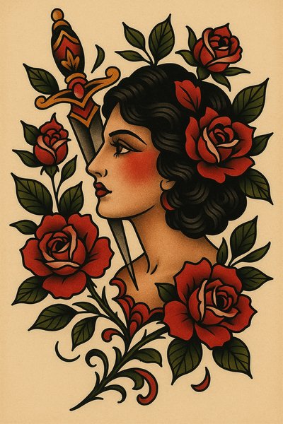 Classic Tattoo Art of a Woman Surrounded by Roses