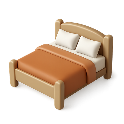Stylish 3D Bed Icon with Pillows and Orange Blanket