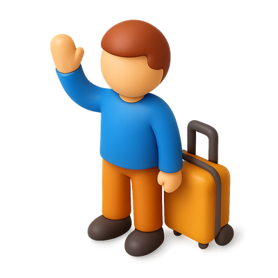 3D Icon of a Traveler Waving with a Suitcase