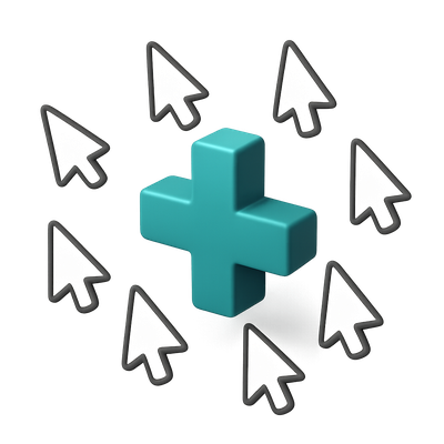 3D Cluster of Computer Cursors with Plus Icon