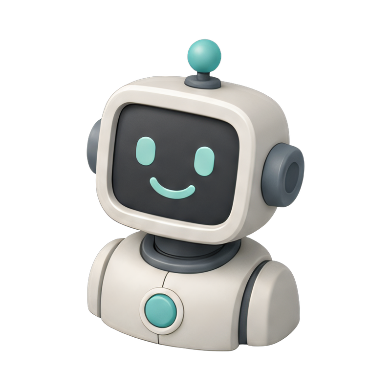 smiling robot bust on screen