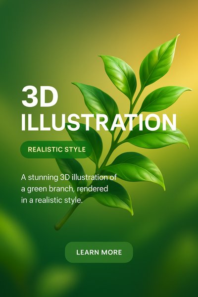 Realistic 3D Illustration of Green Branch with Leaves