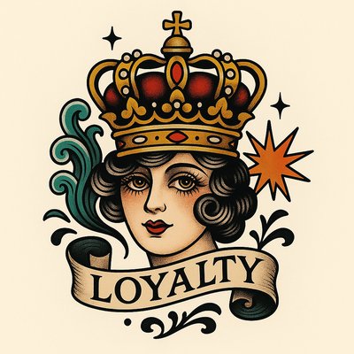 Illustrative Tattoo-Style Artwork Featuring a Crowned Female Figure