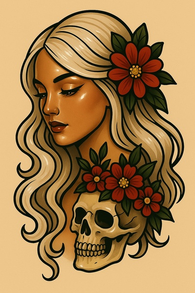 Glossy Tattoo Design of a Girl with Floral Skull Motif