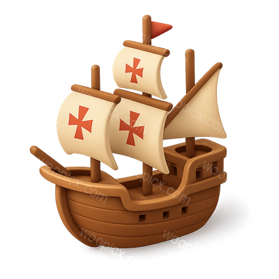 Colorful 3D Icon of a Ship with Sails and Crosses