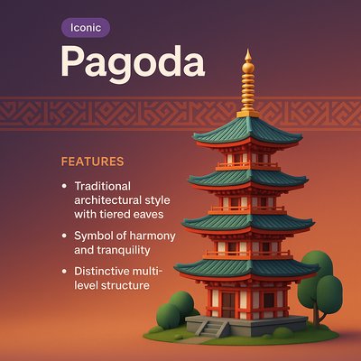 Stunning 3D Pagoda Illustration with Features Highlighted