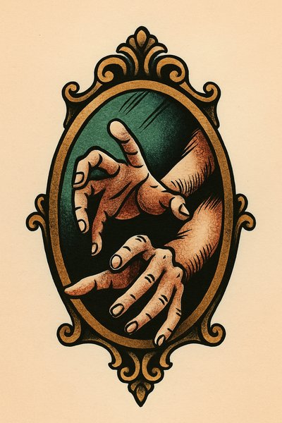 Hands Reaching from a Mirror in a Classic Tattoo Style