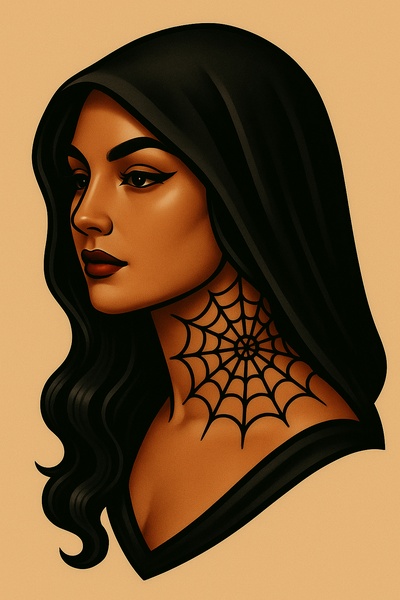 Stylized Portrait of a Woman with Spider Web Tattoo