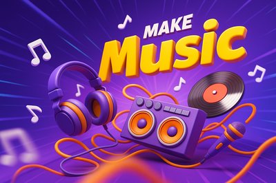 Dynamic Music Scene with Vibrant Colors and 3D Elements
