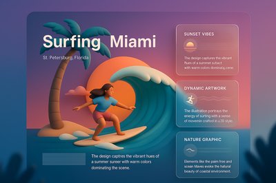 Vibrant Miami Surf Sunset Illustration with Girls and Palm Trees